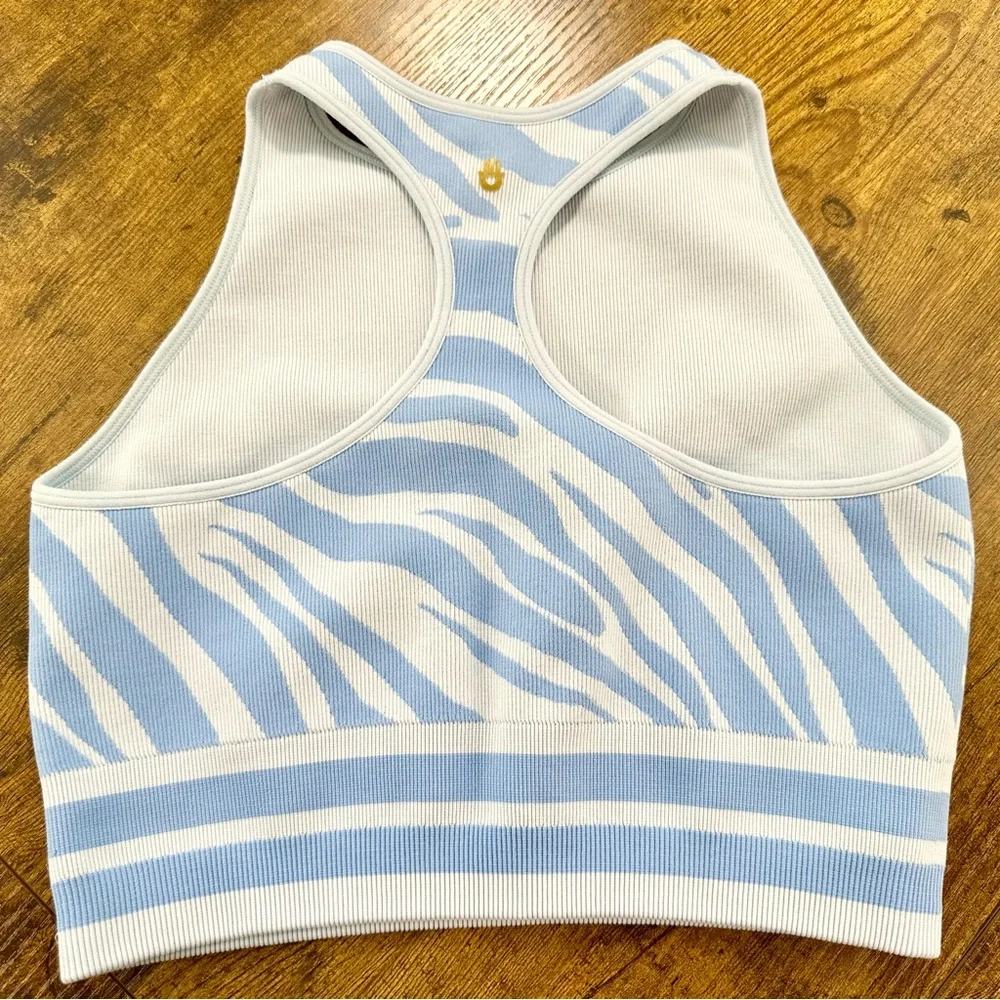 Spiritual Gangster High Neck Jacquard Bra, Light Blue Zebra Crop Bralette, S/XS